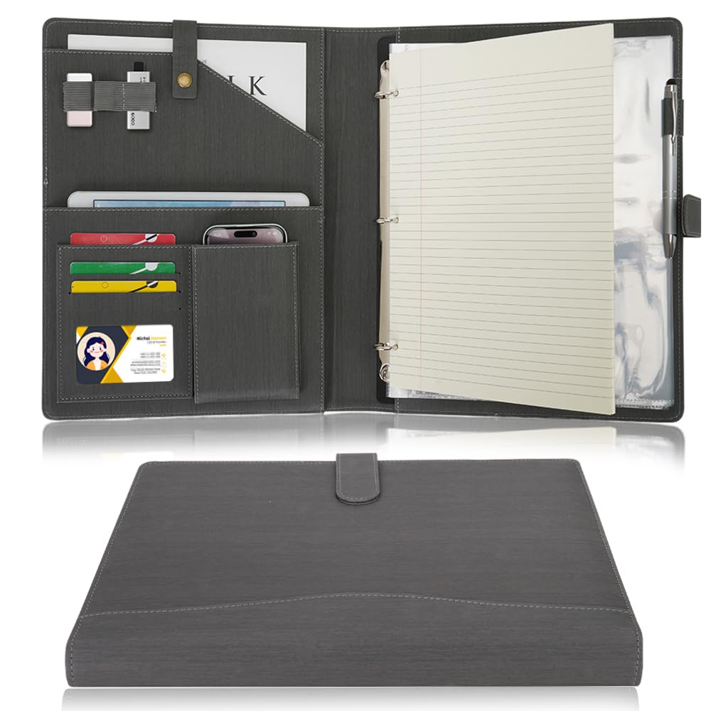 Wonderpool A4 PU Leather Portfolio Holder Ring File Document Case with Removable Binder Clipboard, Multi Pocket and Legal Pad for Business Organizer Interview and Meeting (Gray)
