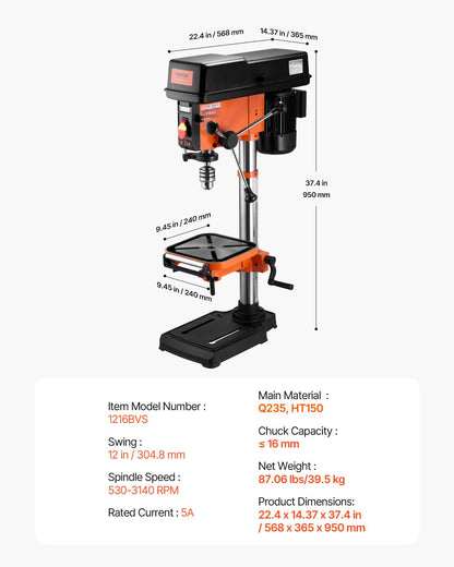 VEVOR 12 in Benchtop Drill Press, 5 Amp 120V, Variable Speed Cast Iron Bench Drill Press, 12 in Swing Distance 0-45° Tiltling Worktable with Laser Work Light, Tabletop Drilling Machine for Wood Metal