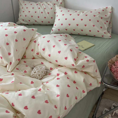 Nayoroom Heart Duvet Cover Queen Size Kawaii Pink Heart Printed on Cream White Bedding Set 3Pcs Kids Girls Cute Heart-Shaped Pattern Comforter Cover with Zipper Closure Soft Breathable Microfiber