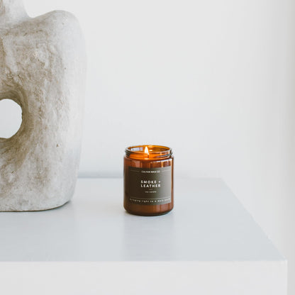 Calyan Wax Co. Smoke & Leather Scented Candle - 57 Hour Burn - Luxury Clean Soy Wax Candles - Long Lasting Amber Glass Jar Candle for Home - 7.2oz