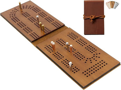 Jeereal Travel Cribbage Board Game Leather &amp Solid Bambo-Wood Pocket Sized Tiny Card Game Board (Bamboo|3 Tracks)