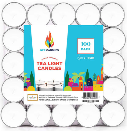 100-Pack Unscented Tea Lights Candle in Bulk, Smokeless, Dripless & Long Lasting Small Votive Mini Tealight Candles for Home, Pool, Shabbat, Weddings & Emergencies 4 Hour Burn Time