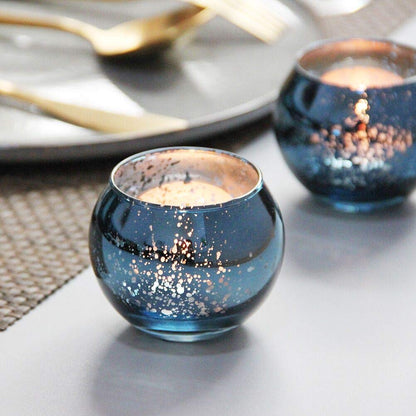 DerBlue 16Pcs Round Mercury Glass Votive Candle Holders for Wedding Centerpieces, Valentines Dinner, Garden Tub and Any Theme Events (Navy Blue)