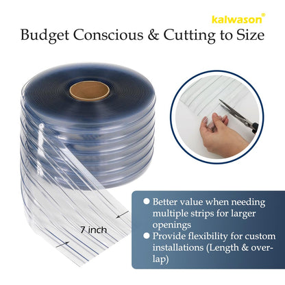 kalwason Plastic Vinyl Strip Door Curtain - Clear Ribbed PVC Curtain Bulk Roll, for Separating AC Spaces & Entry to Workshop, Barn, Warehouse, Shed & Garage (148 Ft * 7 in * 0.06 in Ribbed)