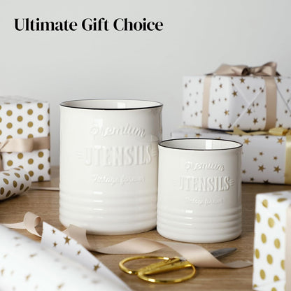 DOWAN 7.2″ Extra Large Kitchen Utensil Holder, Farmhouse Utensil Holder for Countertop, Ceramic Utensil Crock with Protection Cork Mat, Utensil Organizer for Kitchen Decor & Housewarming Gift, White
