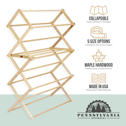 Pennsylvania Woodworks Clothes Drying Rack: Solid Maple Hard Wood Laundry Rack for Blankets, Towels, Bedding & More, Heavy Duty Folding Drying Rack, Made in USA, No Assembly Needed, XXLarge