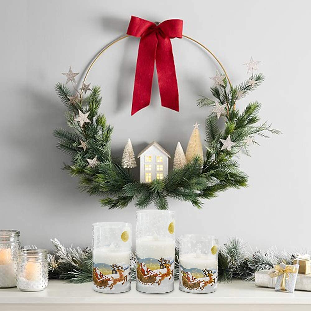 Eldnacele Santa Claus Glass Flameless Candle with Remote Timer Battery Operated Flickering LED Pillar Candles 3 Pack Warm White Light Christmas Decal Candles Set of 3 (D3” x H 4” 5” 6”) – Santa Sleigh