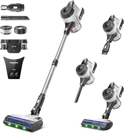 YONNDER Cordless Vacuum Cleaner, 550W 50KPA 70Mins Powerful Vacuum Cleaners for Home, with Anti-Tangle, LED Display Screen, Self-Standing Stick Vacuum for Hardwood Floors/Pet Hair/Carpet, M1, Silver