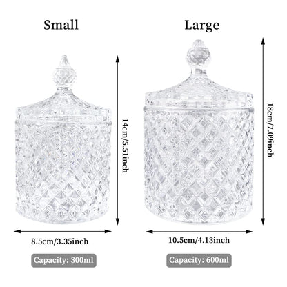 FHDUSRYO 2Pcs Crystal Jar with Lid, Glass Sugar Bowl Decorative Candy Jars, Diamond Candy Dish, Crystal Cookie Tin Biscuit Barrel, Buffet Container, Qtip Holder for Home (10+24oz, Clear)