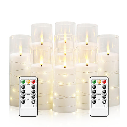 kakoya Flameless LED Candles with Timer 9 Pc Flickering Flameless Candles for Romantic Ambiance and Home Decoration Stable Acrylic Shell,with Embedded Star String，Battery Operated Candles（White）