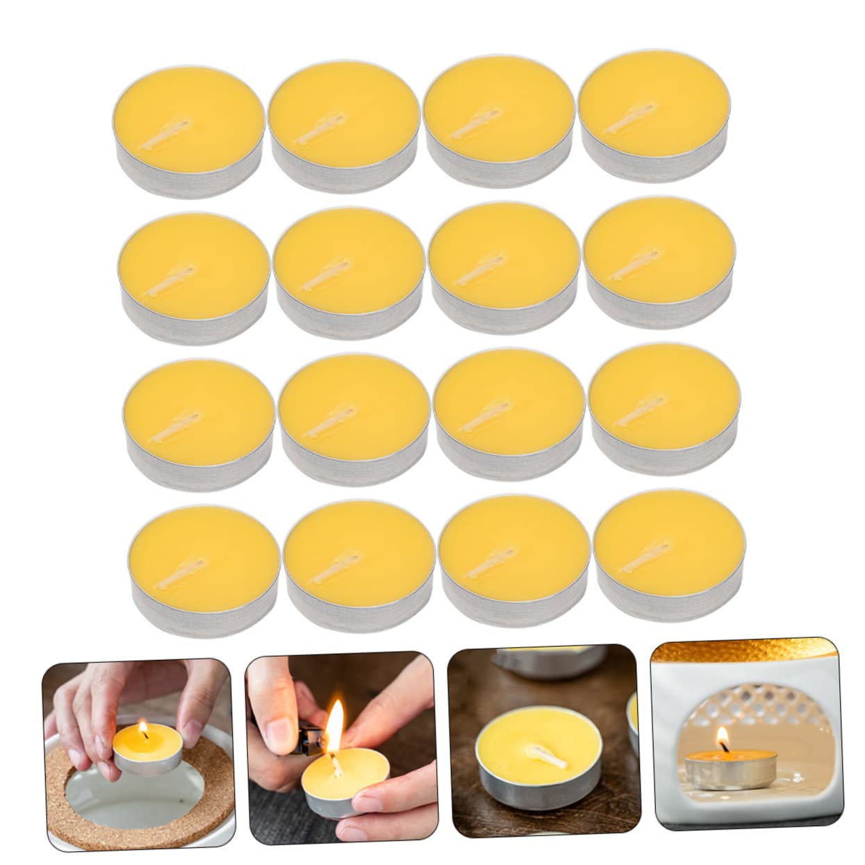 Cabilock 16Pcs Smokeless Tea Light Candles Set Unscented Round Compact Candles Natural Wax for Tea House and Office Use Long Burning Mini