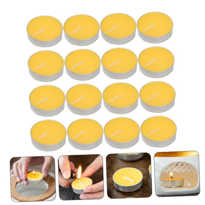 Cabilock 16Pcs Smokeless Tea Light Candles Set Unscented Round Compact Candles Natural Wax for Tea House and Office Use Long Burning Mini