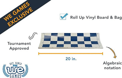 WE Games Tournament Chess Set with Deluxe Blue Canvas Bag Triple Weighted Chess Pieces with 4.0 inch King Vinyl Roll-Up Chess Board 20 inches Travel Chess Set for Adults
