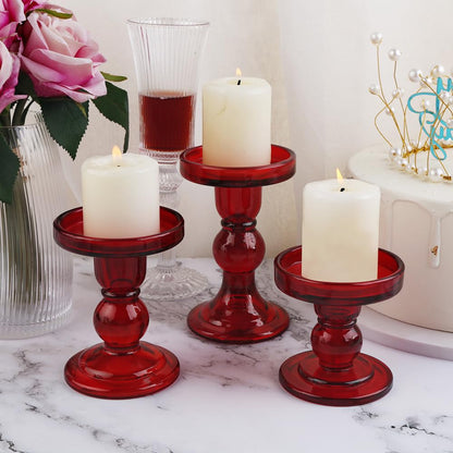 BTGLLAS 3-Piece Set of Red Glass Candlestick, Crystal Candlestick Holder Holder and Conical Candle, Christmas Candle Holder Decoration, Family Living Room Wedding Candle Holder (red1set)