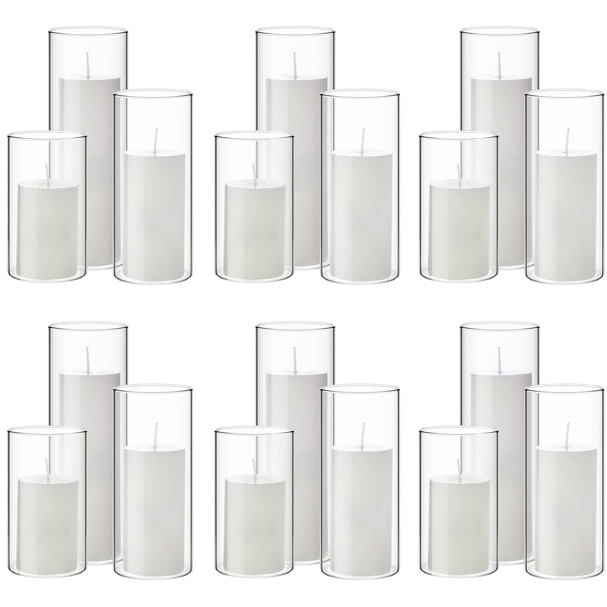 Shihanee 36 Pcs Pillar Candles and Glass Cylinder Vases Tall Cylinder Holders for Pillar Candles Wedding Centerpieces, Total 18 Sets(2.6'' X 4.7'', 5.9'', 7.9'',Clear,White)