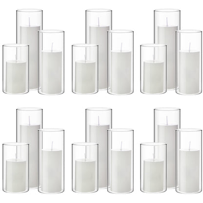 Shihanee 36 Pcs Pillar Candles and Glass Cylinder Vases Tall Cylinder Holders for Pillar Candles Wedding Centerpieces, Total 18 Sets(2.6'' X 4.7'', 5.9'', 7.9'',Clear,White)