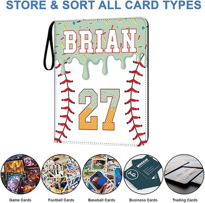 Personalized Ice Cream Drip Baseball Card Binder with Name &amp Number – Zipper Trading Card Album with Handle – Collector Case for Players &amp Fans (Ice Cream Drip Art #4)