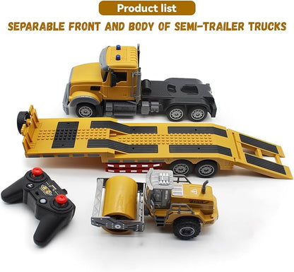 RC Semi Truck Remote Control Semi Truck and Trailer Toy 22.5 Inch 2.4Ghz Semi Truck Toy with Sound and Lights Road Roller Model 1/24 RC Construction Vehicles Toy for Adults &amp Kids Boys