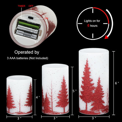 Eldnacele Christmas Flickering Flameless Candles with 6 Hour Timer, Red Christmas Tree Decal Battery Operated Real Wax LED Pillar Candles Home Tabletop Holiday Decor(3Pcs,3×4/5/6 Inches)