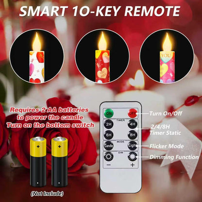 LCZLUMIPRO Valentine Taper Candles, 6 Pcs 10.6 Inch Flameless LED Candlesticks with Remote & Timer, Battery Operated Conversation Heart Decor for Valentine‘s Day Dinner Anniversary Wedding Table Decor
