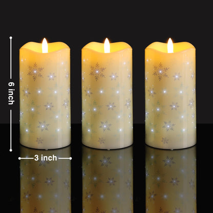 Eywamage Christmas Flameless Pillar Candles with Remote, Snowflakes Fiber Optic LED Candles Battery Operated Set of 3
