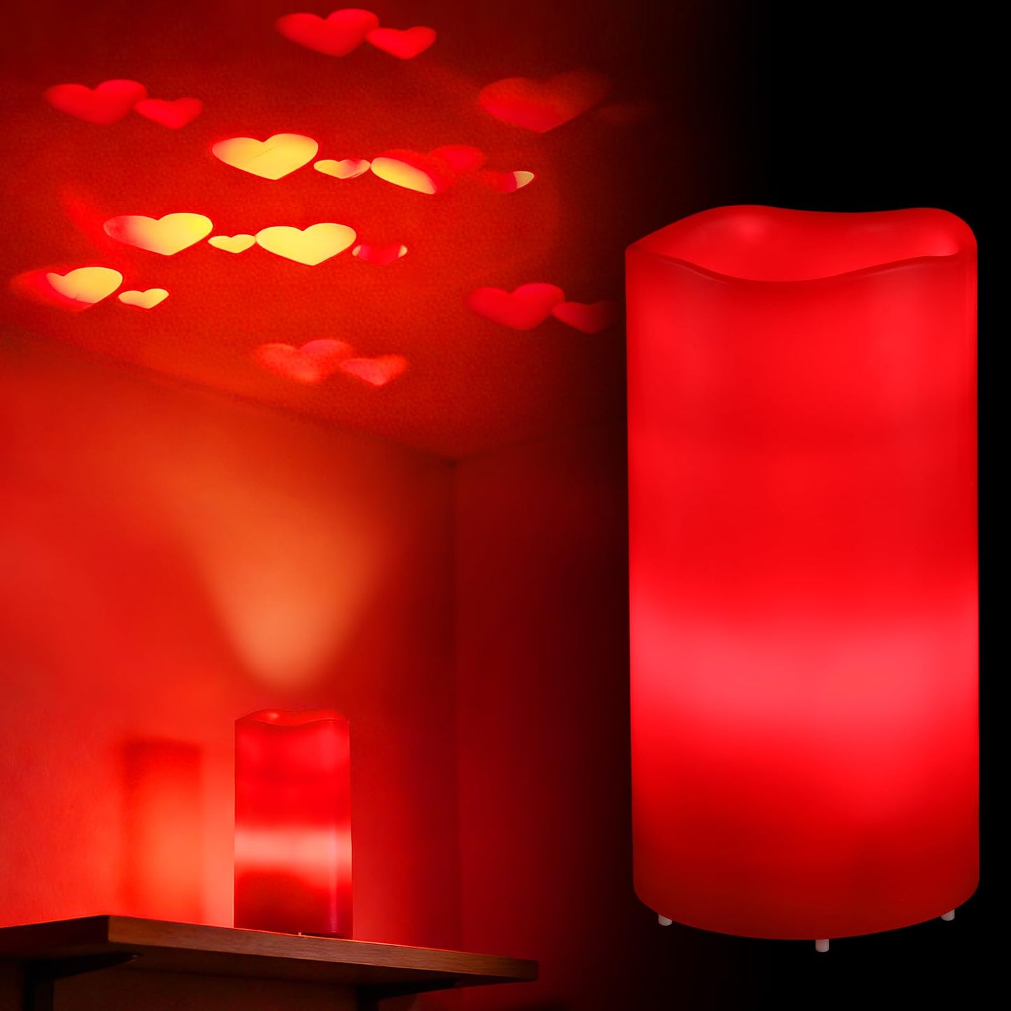 Beeplove Valentines Decorations Flameless Candle with Heart Projection - Red LED Candle, Romantic Decorations for Date Night Valentine's Day Party Home, Battery Operated
