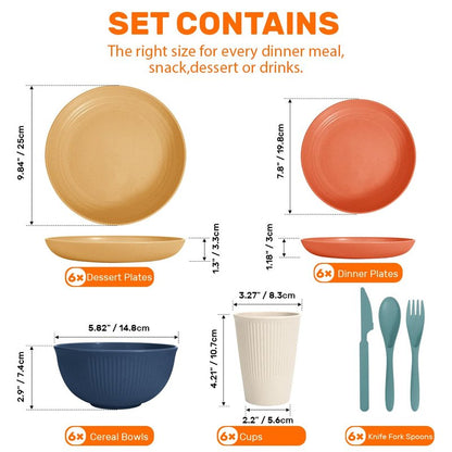 Wheat Straw Dinnerware Sets for 6 (42pcs), SGAOFIEE Unbreakable Dinnerware Set, Kitchen Plates and Bowls Set, Unbreakable Plastic Outdoor Camping Dishes, Dishwasher Microwave Safe, Autumn Multicolor