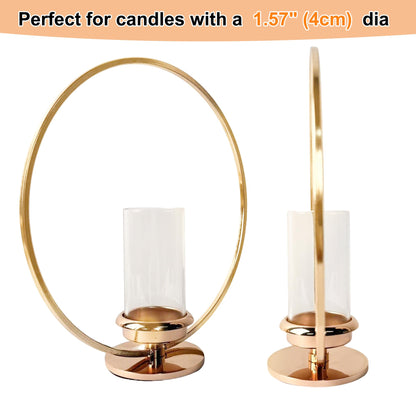 HiSnug Hurricane Candle Holders Set - Circular Metal Candlestick Holders with Glass Sleeve, 2PCS Simple Decorative Candleholder for Dining Table Centerpiece Shelf Home Decor, 2PCS, L+L, Gold
