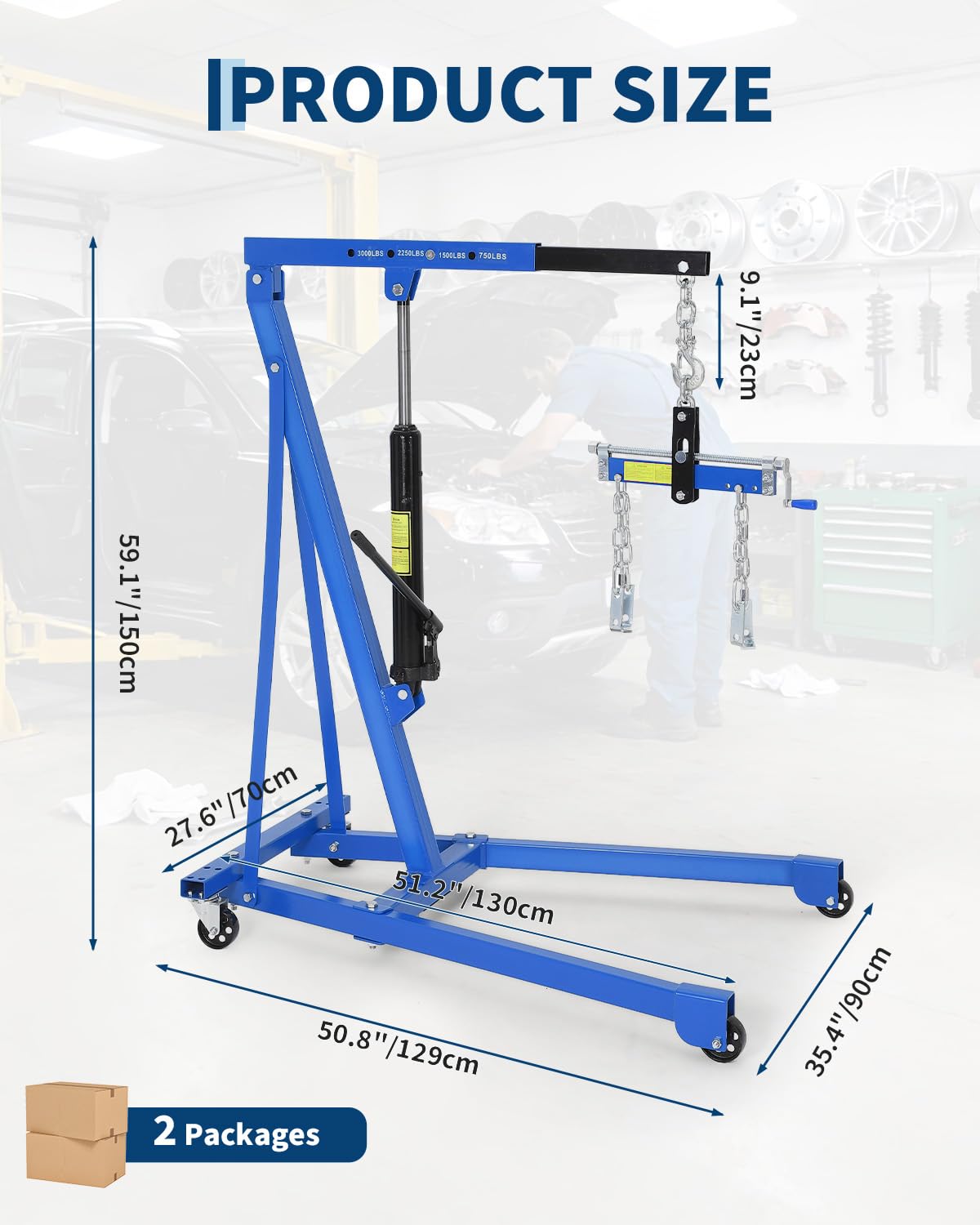 Hydraulic Engine Hoist with Lever, 1.5 Ton (3000 LBS) Capacity Shop Crane with Telescopic Boom & 4 Swivel Casters, Cherry Picker Lift for Home Garage, Auto Repair, and Warehouse Use, Heavy-Duty, Blue