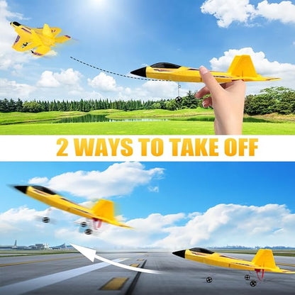 Fremego F22 RC Airplane 2.4GHz Remote Control Plane with Gyro Stabilizer LED Lights &amp Dual Batteries Easy Fly RC Glider for Kids Boys Adults Beginners(Yellow)