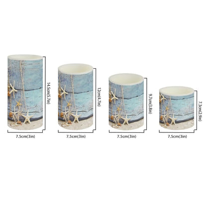 NETILGEN Flickering Flameless Candles 4 Pieces Set, LED Pillar Candles with Timer Battery Operated Tea Lights for Coastal Decor, Beach Starfish with Blue Wood Grain