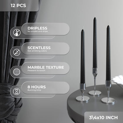 CANDWAX 10 inch Taper Candles Set of 12 - Unscented Black Tapered Candle Sticks - Perfect for Halloween Decoration