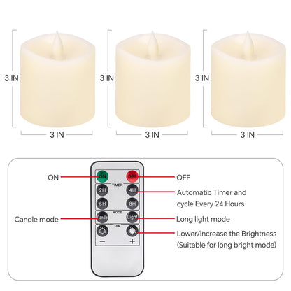 milysoek 3x3 Flickering Flameless Candles Set of 3, Real Wax LED Battery Candles Flickering, 3 inch Flameless Candles with Remote,Battery Powered Candles, for Party/Wedding,Ivory