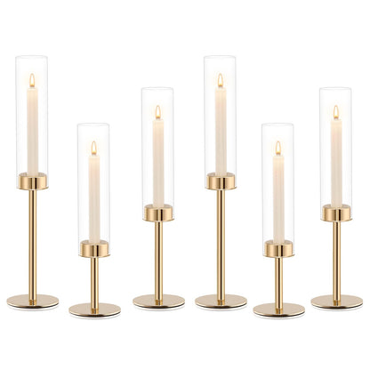 Gold Hurricane Candle Holders Set of 6, Tall Metal Windproof Glass Taper Candle Holder for Candlestick, Candle Sticks Decor, Table Centerpieces for Wedding, Candlelit Dinner Party Fireplace Decoration