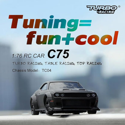 1:76 Turbo Racing Scale RC Sport Car Table Racing Remote Control Mini Model Car Full Proportional RTR Kit Toys (C75-black)