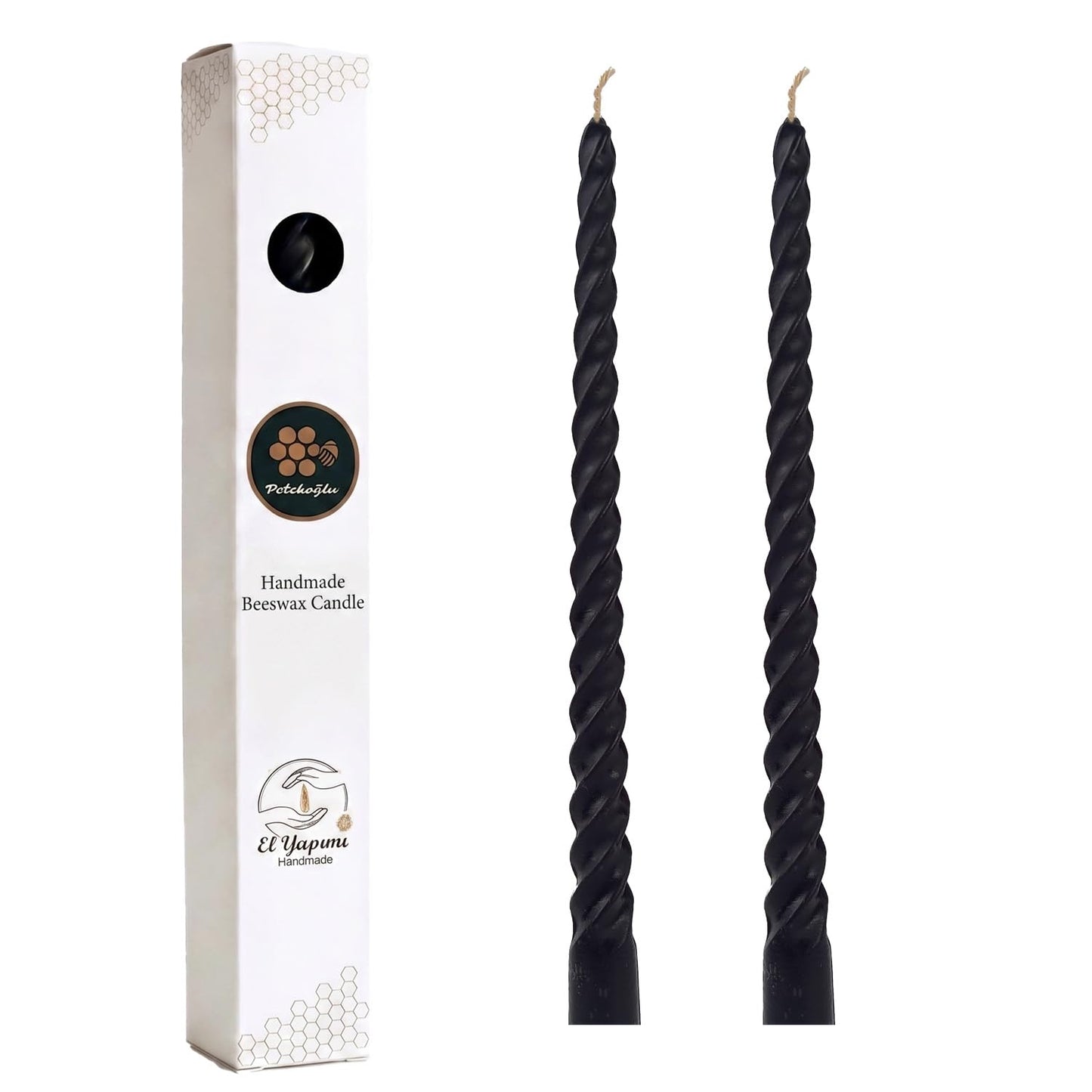 Petekoglu Black 2 Pack Taper Beeswax Candles 27.5 cm Twisted Candlestick Dinner Candles Natural Honeycomb Beeswax