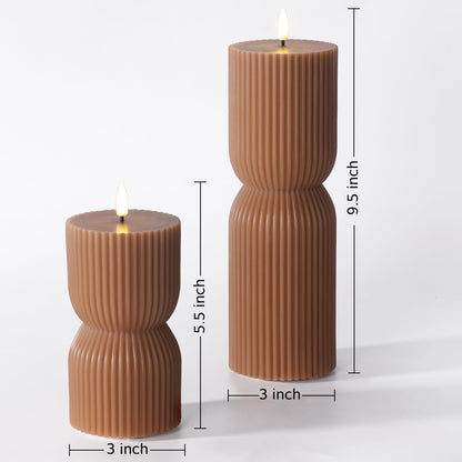 Girimax Warm Brown Ribbed Flameless Pillar Candles with Remote, Real Wax Flickering Battery LED Candles Christmas Decor Gift Set of 2