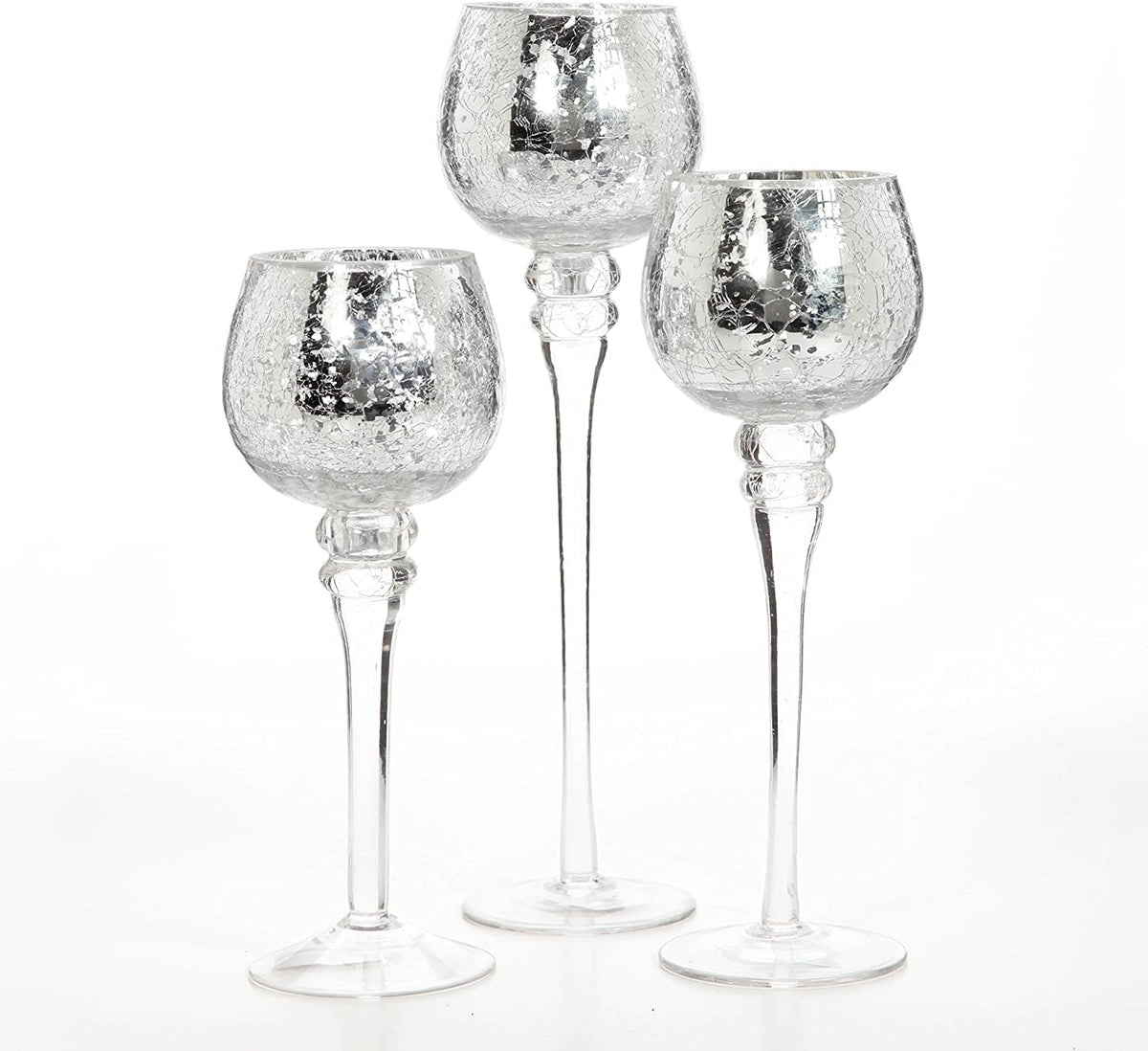 Hosley Set of 3 Metallic Crackle Glass Tealight Holders – 12", 10", 9" Elegant Home Decor, Ambient Lighting, Stylish Centerpieces & Gift Idea