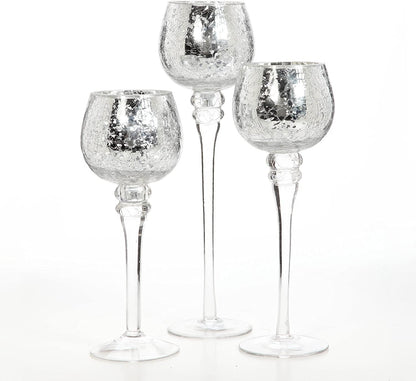 Hosley Set of 3 Metallic Crackle Glass Tealight Holders – 12", 10", 9" Elegant Home Decor, Ambient Lighting, Stylish Centerpieces & Gift Idea