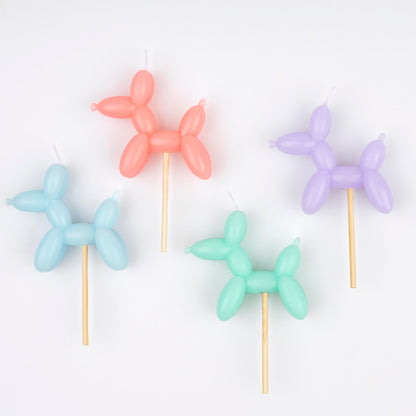Meri Meri Balloon Dog Candles (Pack of 4), 4 Birthday Party Candles in Assorted Colors, 3.5" Tall, Unscented