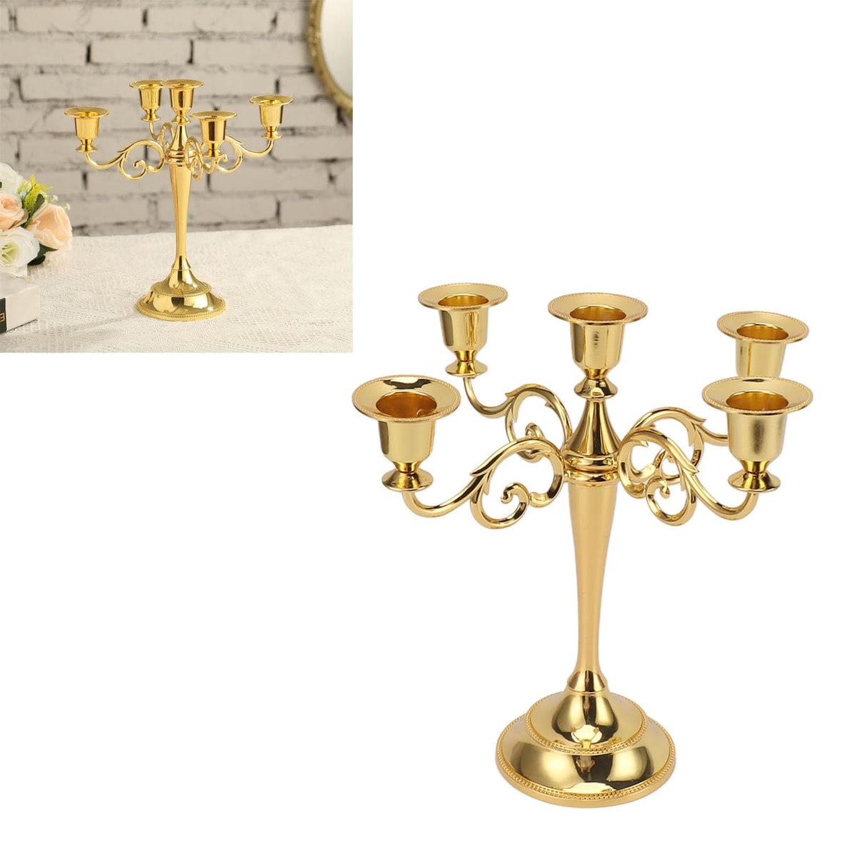 5 Arm Candlestick Holder, Iron Retro Decorative Candle Holder, Golden Metal Centerpiece for Home Church Dining Table, Sturdy Elegant 5 Arm Candle Holder with Fine (Gold)