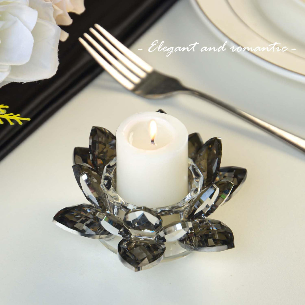 Lotus Black Crystal Tea Candle Holder Crystal Wishing Tealight Candlestick Stand Exquisite Desktop Decoration Holiday Celebration Wedding Restaurant Party Atmosphere Decoration (4 Pcs, Dark Grey)