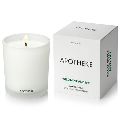 Apotheke Signature Scented Candles for Home, Wild Mint & Ivy - 10.5 oz - Soy Wax, Non Toxic, Large Jar White - Luxury Candle Gifts for Women & Men - Eucalyptus, Patchouli, Cedarwood, and Rose