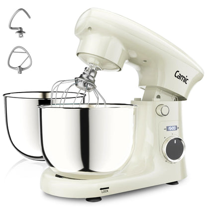 Camic Stand Mixer, 4.2QT+5.3QT Two bowls Electric Food Mixer, 10 Speeds with Digital setting 3-IN-1 Kitchen Mixer for Baking Cakes Cookie Bread Salad with Egg Whisk,Dough Hook,Flat Beater (White)