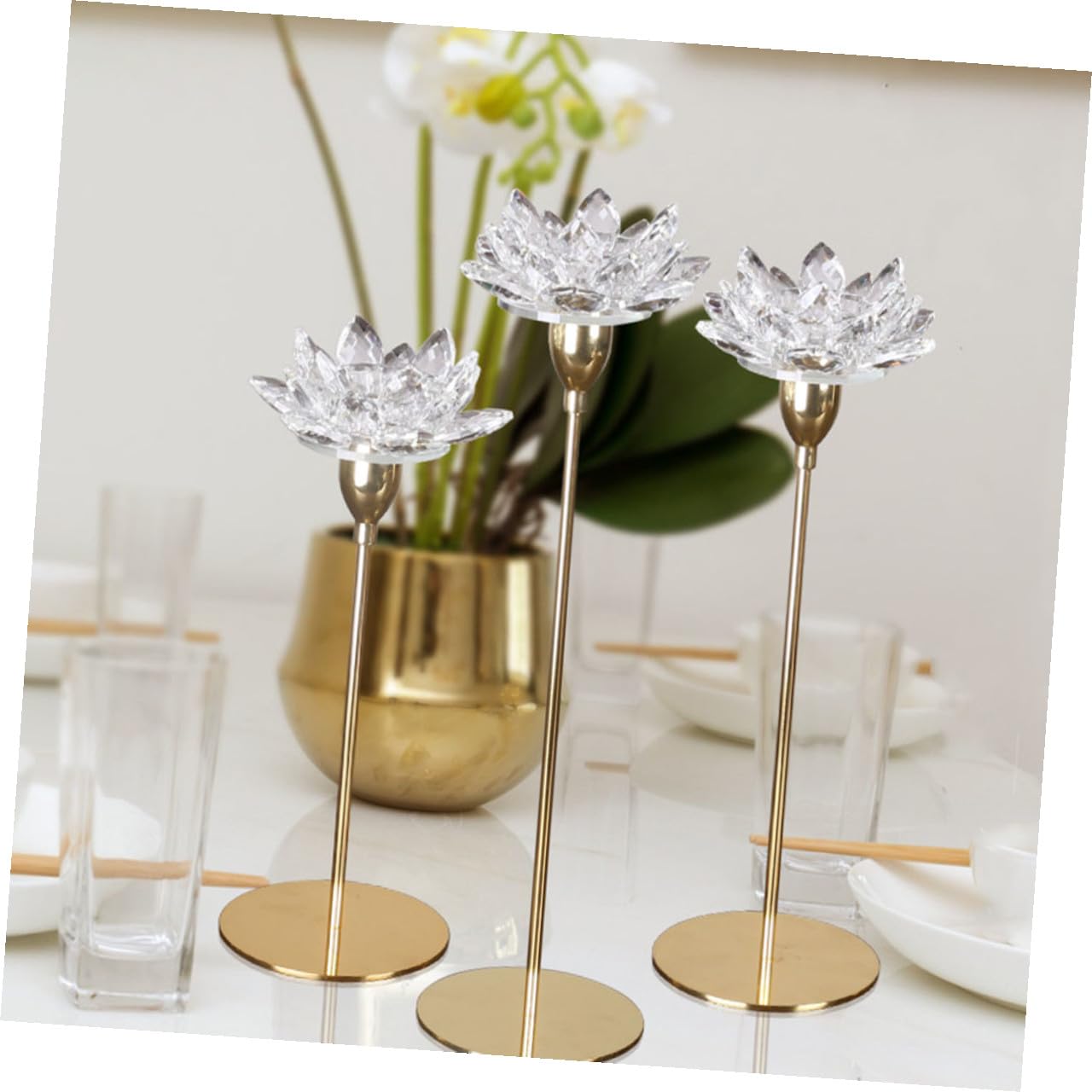 SOLUSTRE Crystal Lotus Candleholder Decorative Metal Candlestick Stand Small Gold Wedding Pillar Candle Holder Home Décor