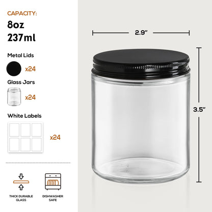 24 Pack, 8 OZ Thick Glass Jars with Metal Lids, Clear Round Candle Making Jars,Empty Food Storage Containers, Mason Canning Jar For Spice, Powder, Liquid, Sample, Lotion, Cosmetic,Dishwasher Safe