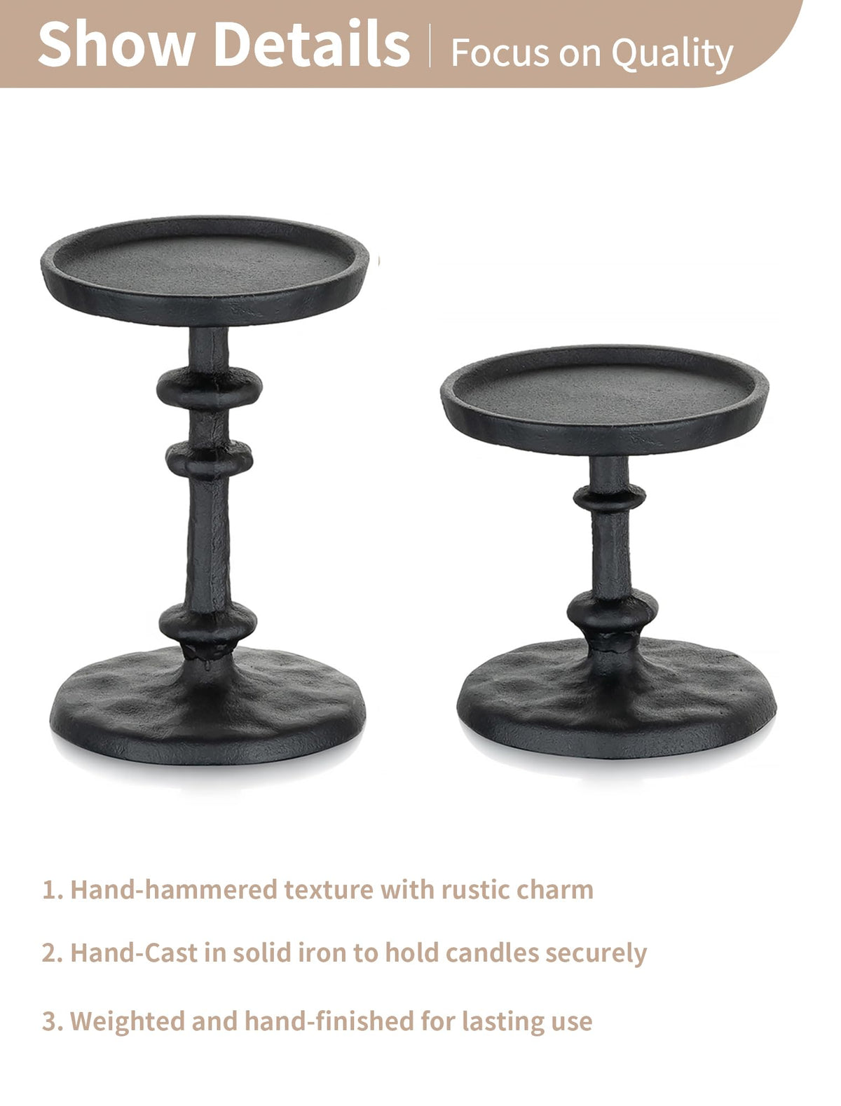 NUPTIO Pillar Candle Holder Black: Solid Cast Iron Candle Stand for 3 Inch Pillars - Handcrafted Hammered Candleholder for Thanksgiving Christmas Fireplace Mantle Decor