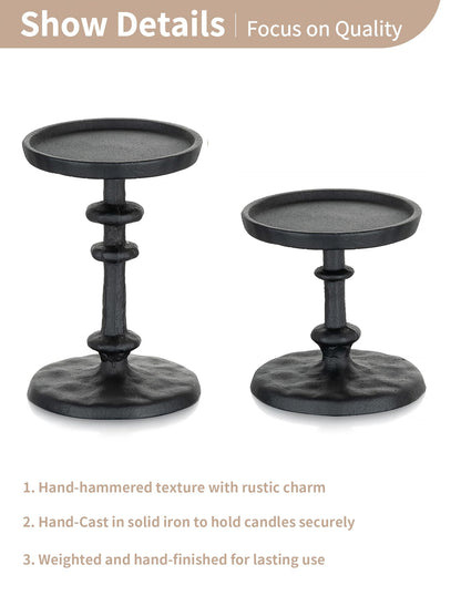 NUPTIO Pillar Candle Holder Black: Solid Cast Iron Candle Stand for 3 Inch Pillars - Handcrafted Hammered Candleholder for Thanksgiving Christmas Fireplace Mantle Decor