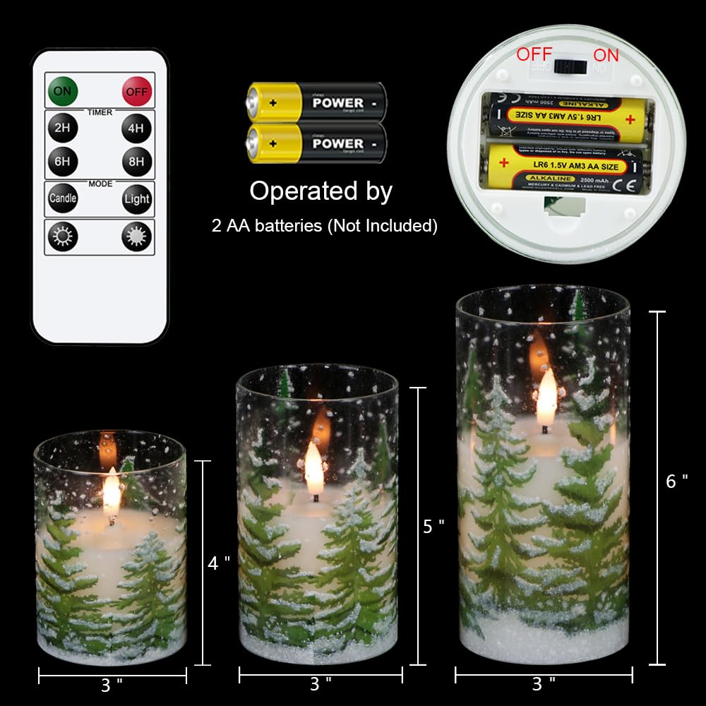 Lasumora Glass Flameless Pillar Candles with Remote Timer, LED Christmas Tree Candles, Battery Operated Real Wax Flickering Candle 3D Wick for Home Décor Christmas Gifts, 3x4/5/6 inches
