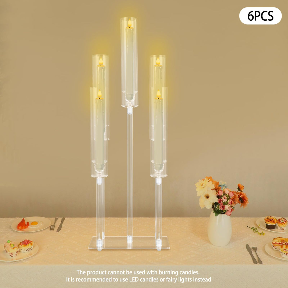 4Pcs 9 Arms Acrylic Candle Holder, Clear Candlestick Holder w/Acrylic Shade, 42.5In Tall Crystal Tapered Candle Holders Centerpieces w/Rectangular Base for Home Wedding Party (6Pcs 5Arms)